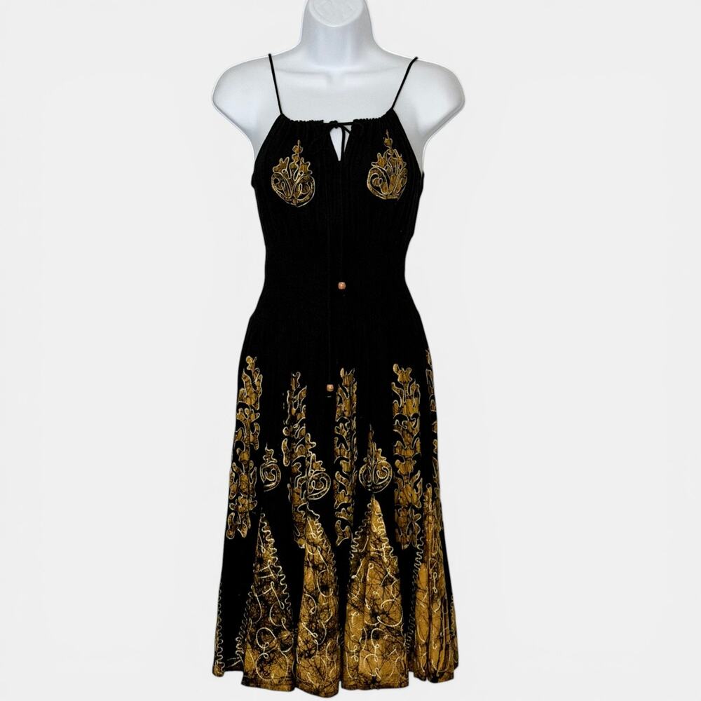 Vintage Y2K Boho Smocked Midi Dress Black Gold Batik India Festival Sleeveless S